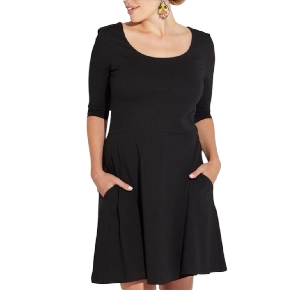Pact NWT Organic Cotton Swing Dress Pockets 3/4 Sleeves Solid Black Size Medium